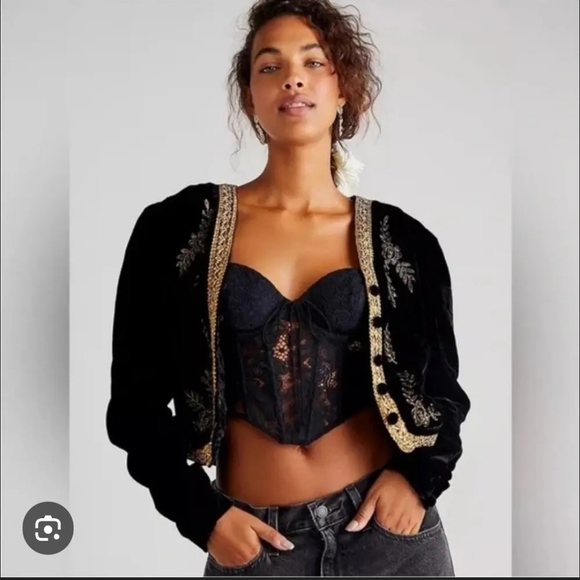 Free People Black and Gold Embroidered Velvet Jacket - Picture 2 of 15